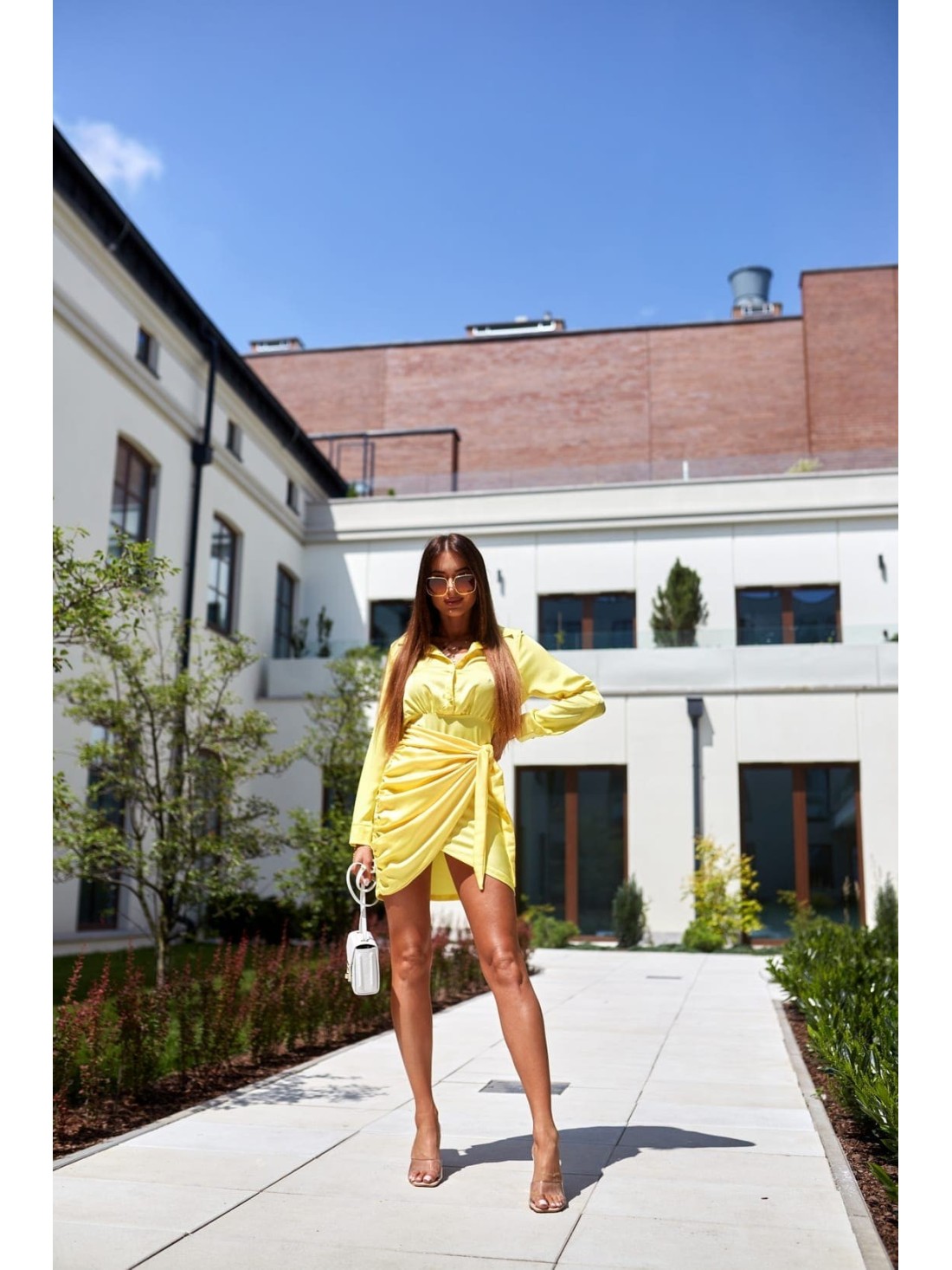 Shirt dress with a tied front, yellow FG642 - Online store - Boutique